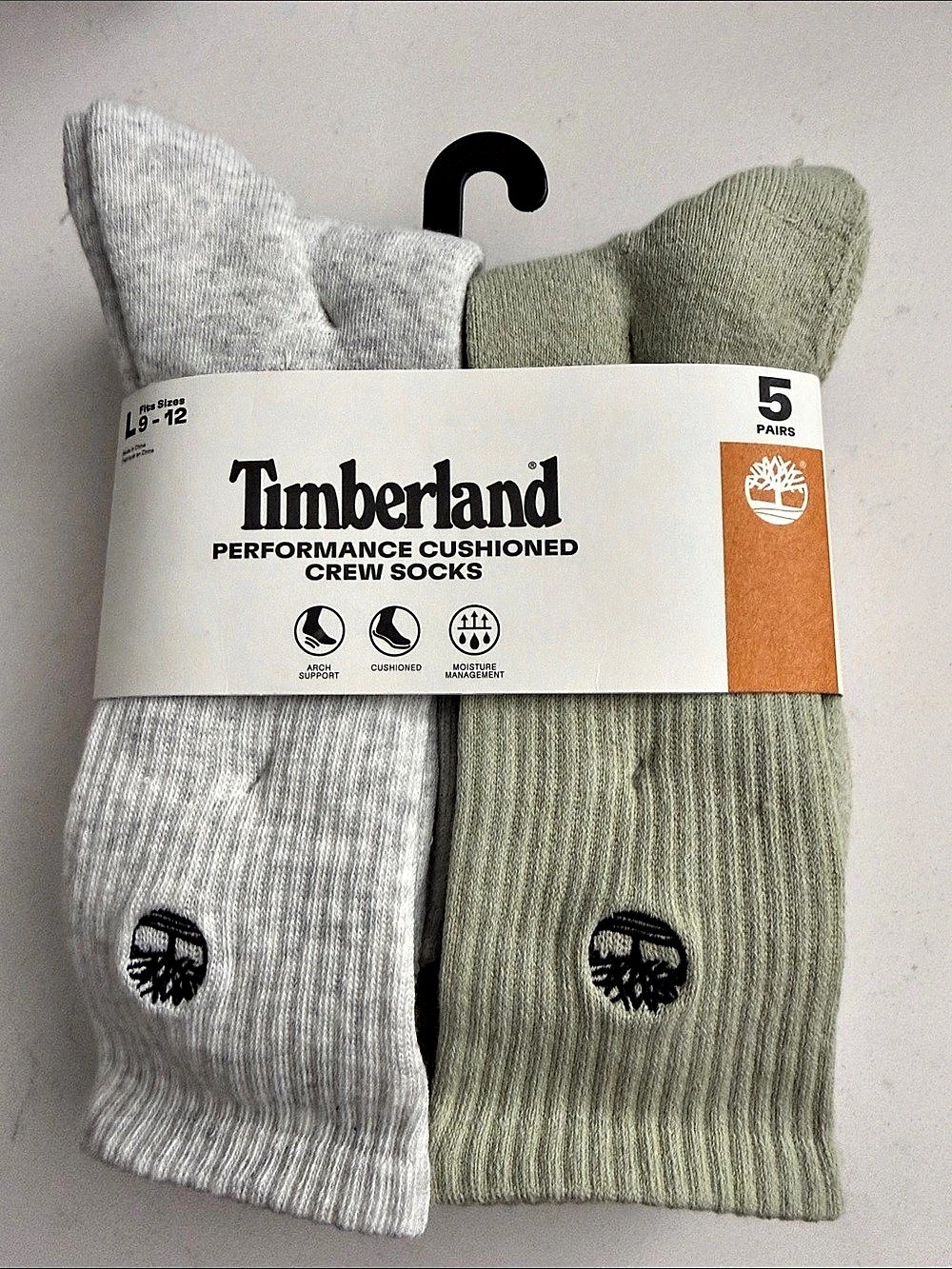 Timberland Performance Cushioned Crew Socks - 5 Pack Blue & Gray Large